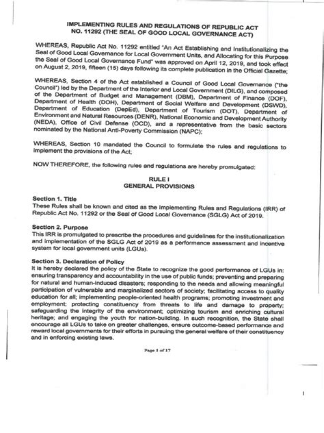 Implementing Rules and Regulations of RA 11292, The SGLG Act .